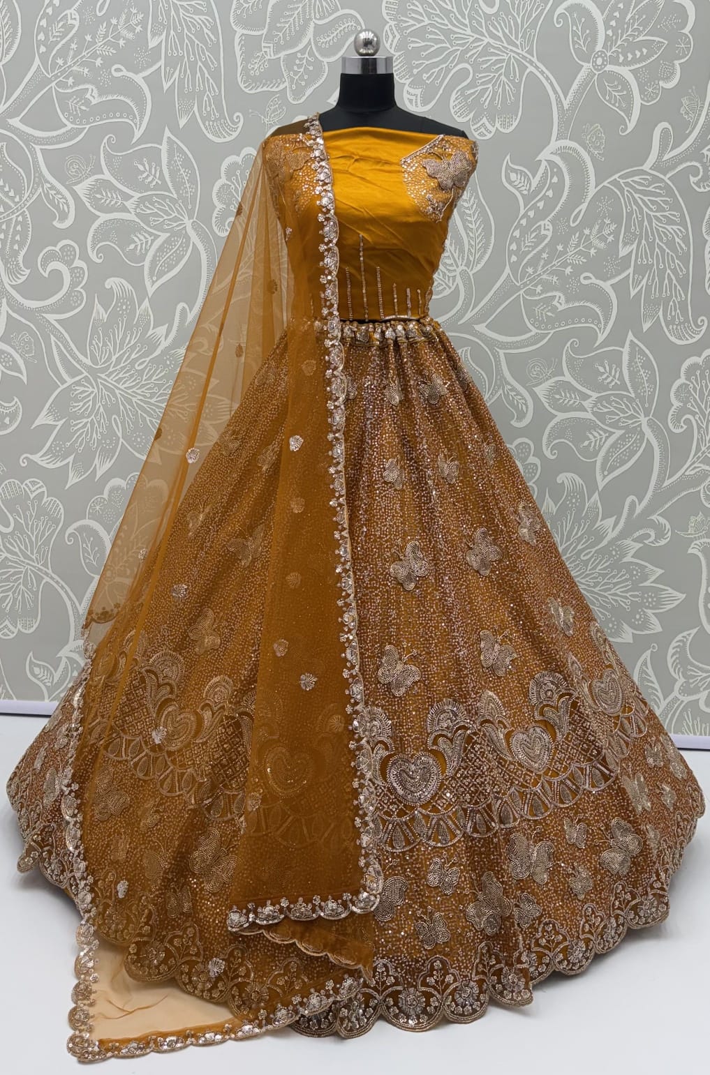 Mustard Pure Heavy Net Motif Handwork Zari Sequins Work Bridal Lehenga Choli