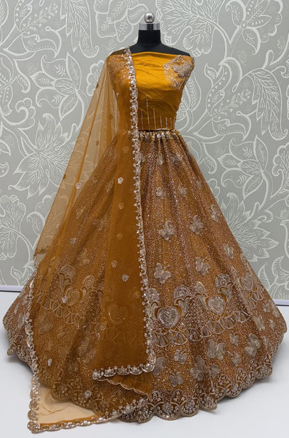 Mustard Pure Heavy Net Motif Handwork Zari Sequins Work Bridal Lehenga Choli