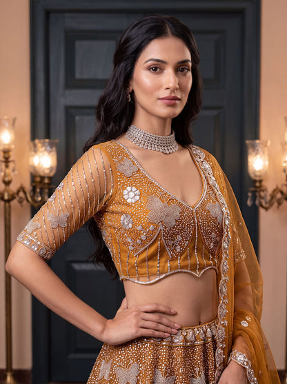 Mustard Pure Heavy Net Motif Handwork Zari Sequins Work Bridal Lehenga Choli