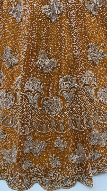 Mustard Pure Heavy Net Motif Handwork Zari Sequins Work Bridal Lehenga Choli
