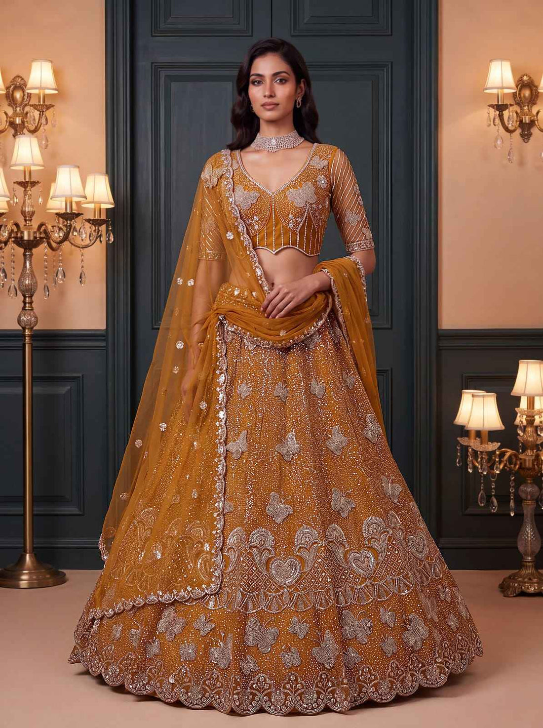Mustard Pure Heavy Net Motif Handwork Zari Sequins Work Bridal Lehenga Choli