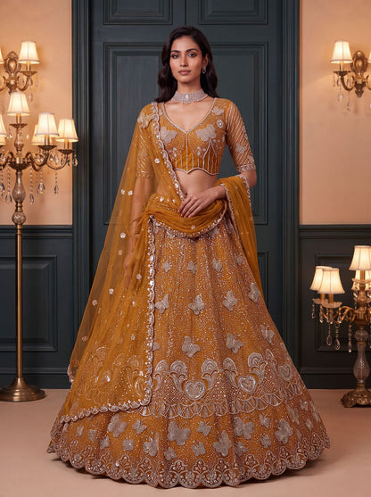 Mustard Pure Heavy Net Motif Handwork Zari Sequins Work Bridal Lehenga Choli