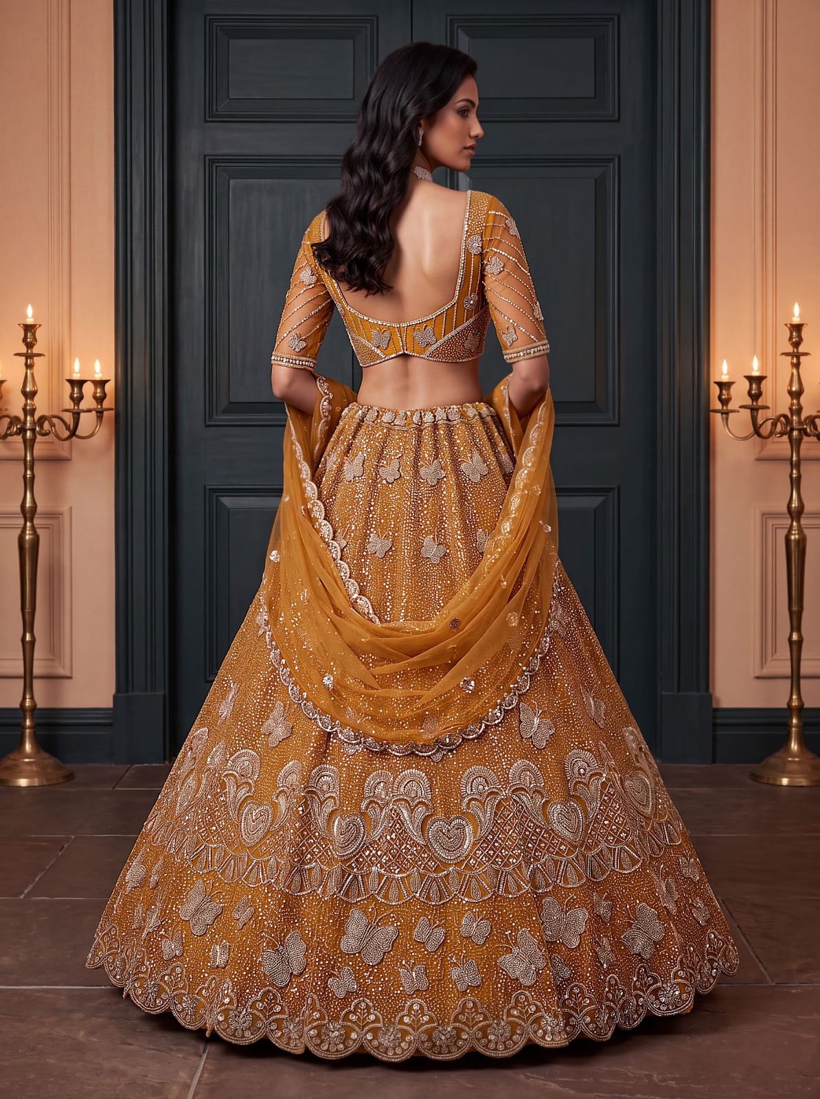 Mustard Pure Heavy Net Motif Handwork Zari Sequins Work Bridal Lehenga Choli