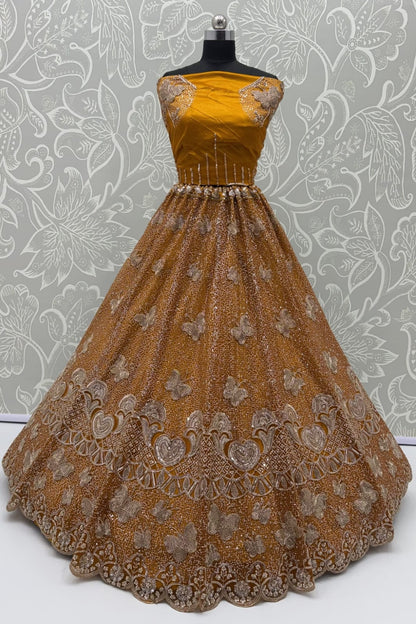 Mustard Pure Heavy Net Motif Handwork Zari Sequins Work Bridal Lehenga Choli