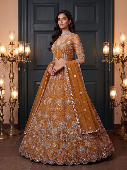 Mustard Pure Heavy Net Motif Handwork Zari Sequins Work Bridal Lehenga Choli