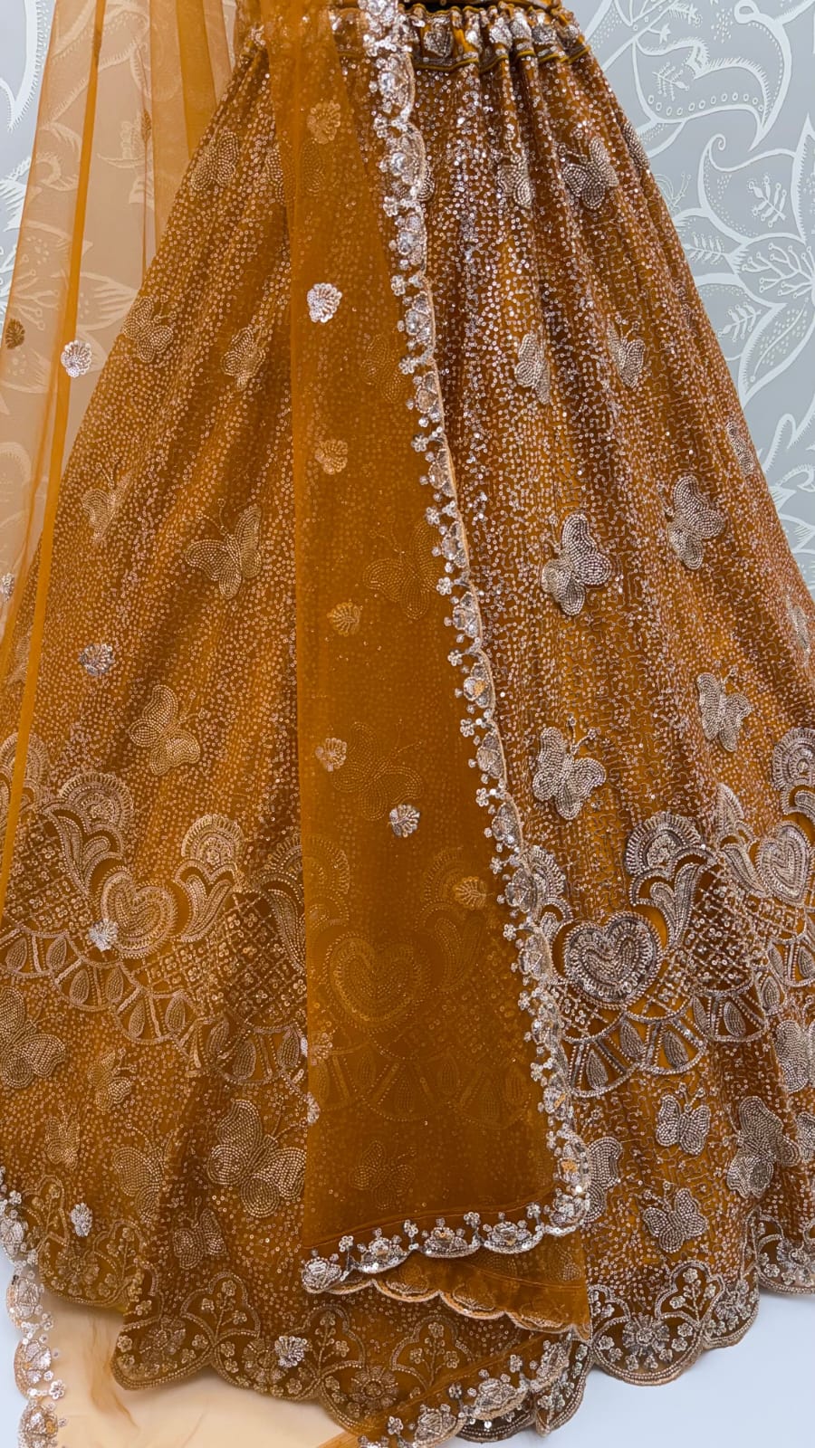 Mustard Pure Heavy Net Motif Handwork Zari Sequins Work Bridal Lehenga Choli