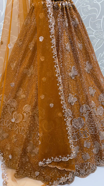 Mustard Pure Heavy Net Motif Handwork Zari Sequins Work Bridal Lehenga Choli