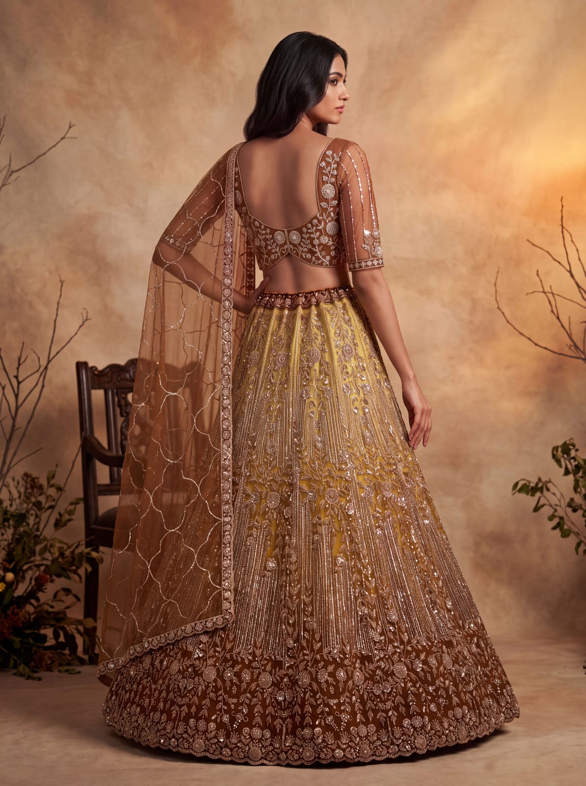 Gold Pure Heavy Net Motif Handwork Zari Sequins Work Bridal Lehenga Choli