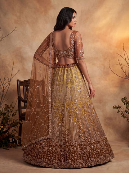 Gold Pure Heavy Net Motif Handwork Zari Sequins Work Bridal Lehenga Choli