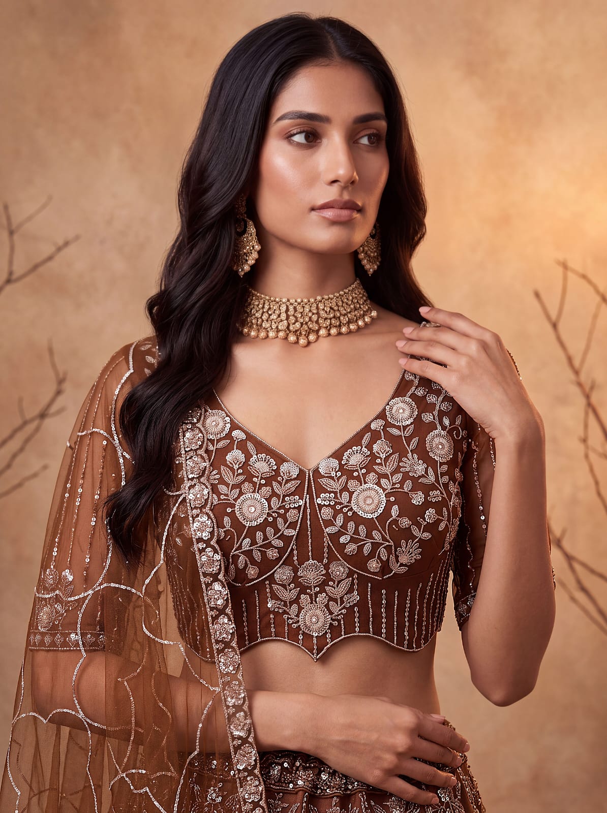 Gold Pure Heavy Net Motif Handwork Zari Sequins Work Bridal Lehenga Choli