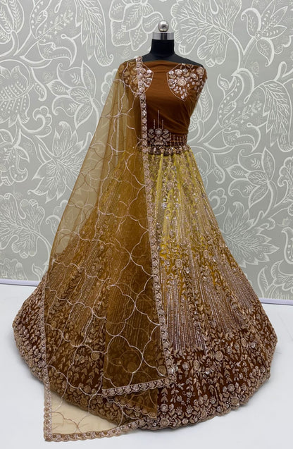 Gold Pure Heavy Net Motif Handwork Zari Sequins Work Bridal Lehenga Choli
