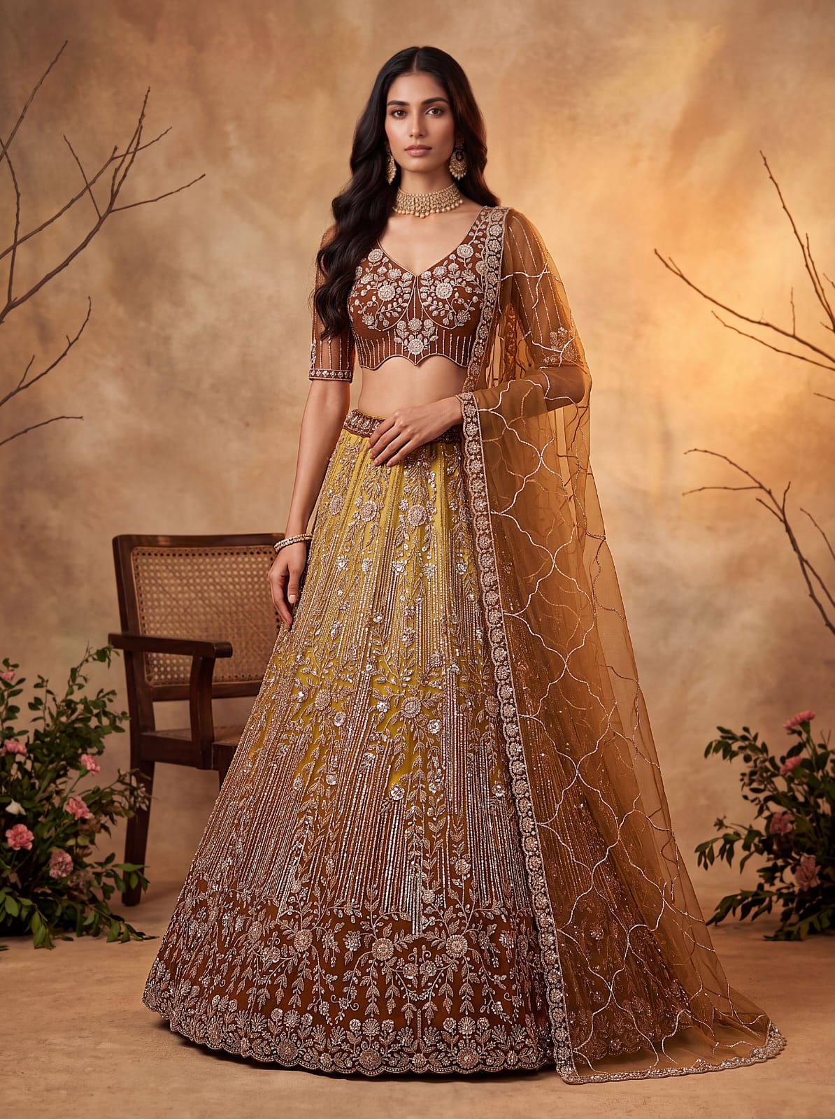 Gold Pure Heavy Net Motif Handwork Zari Sequins Work Bridal Lehenga Choli