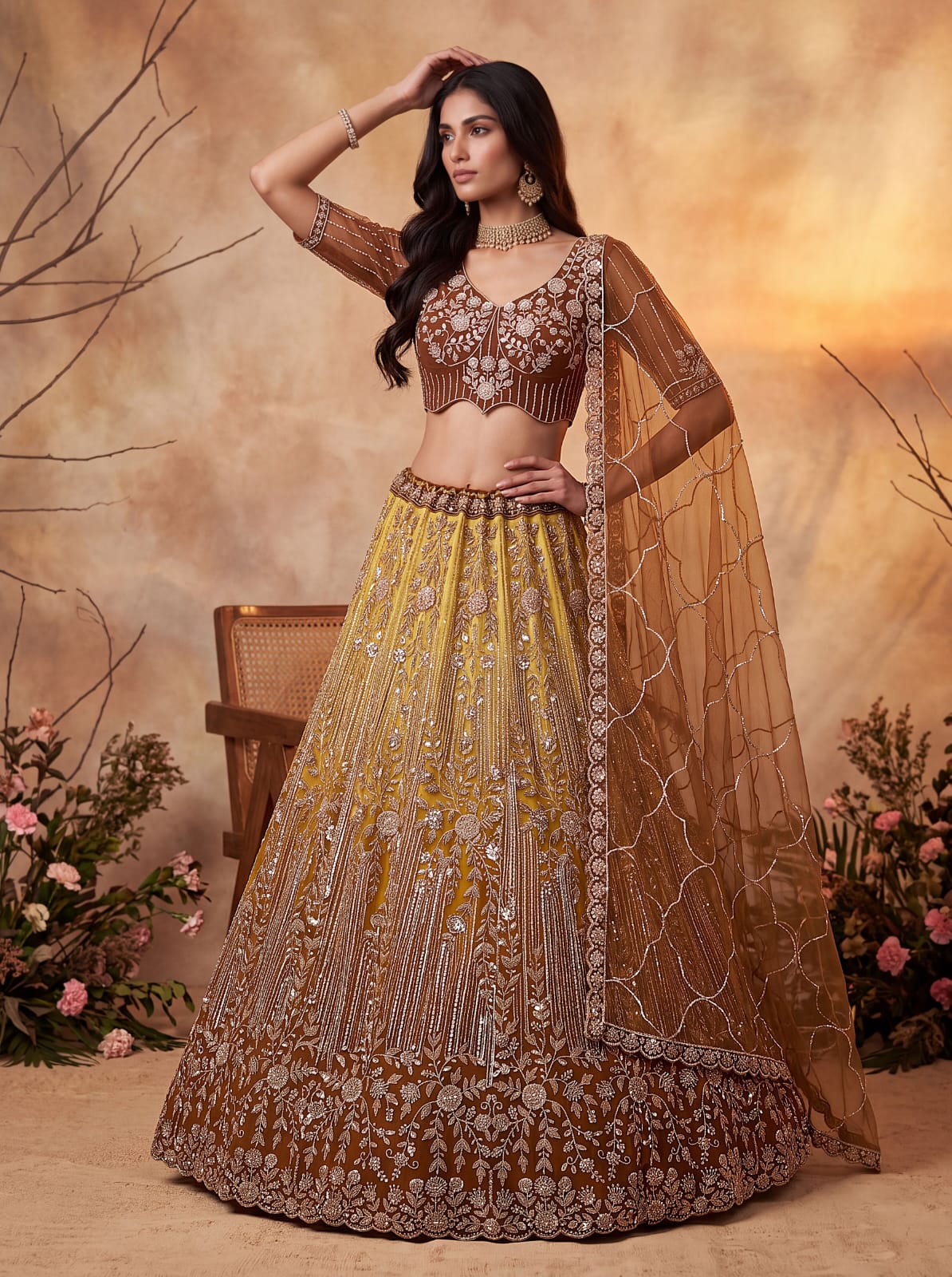 Gold Pure Heavy Net Motif Handwork Zari Sequins Work Bridal Lehenga Choli