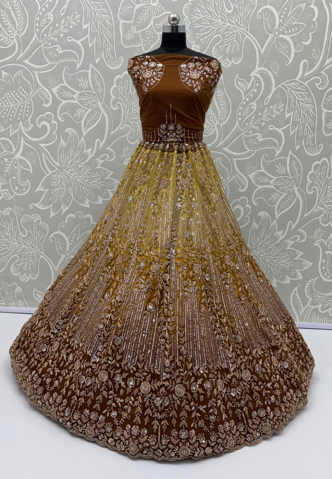 Gold Pure Heavy Net Motif Handwork Zari Sequins Work Bridal Lehenga Choli