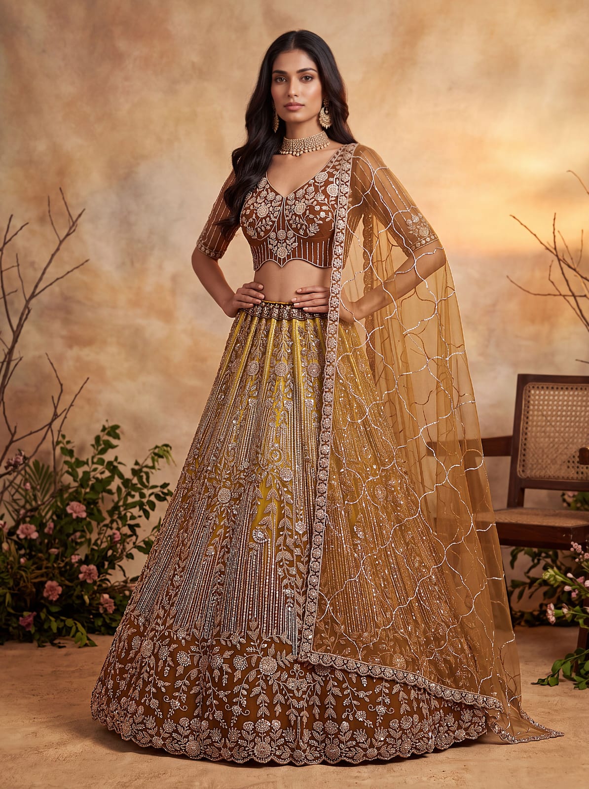 Gold Pure Heavy Net Motif Handwork Zari Sequins Work Bridal Lehenga Choli
