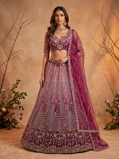 Pink Pure Heavy Net Motif Handwork Zari Sequins Work Bridal Lehenga Choli