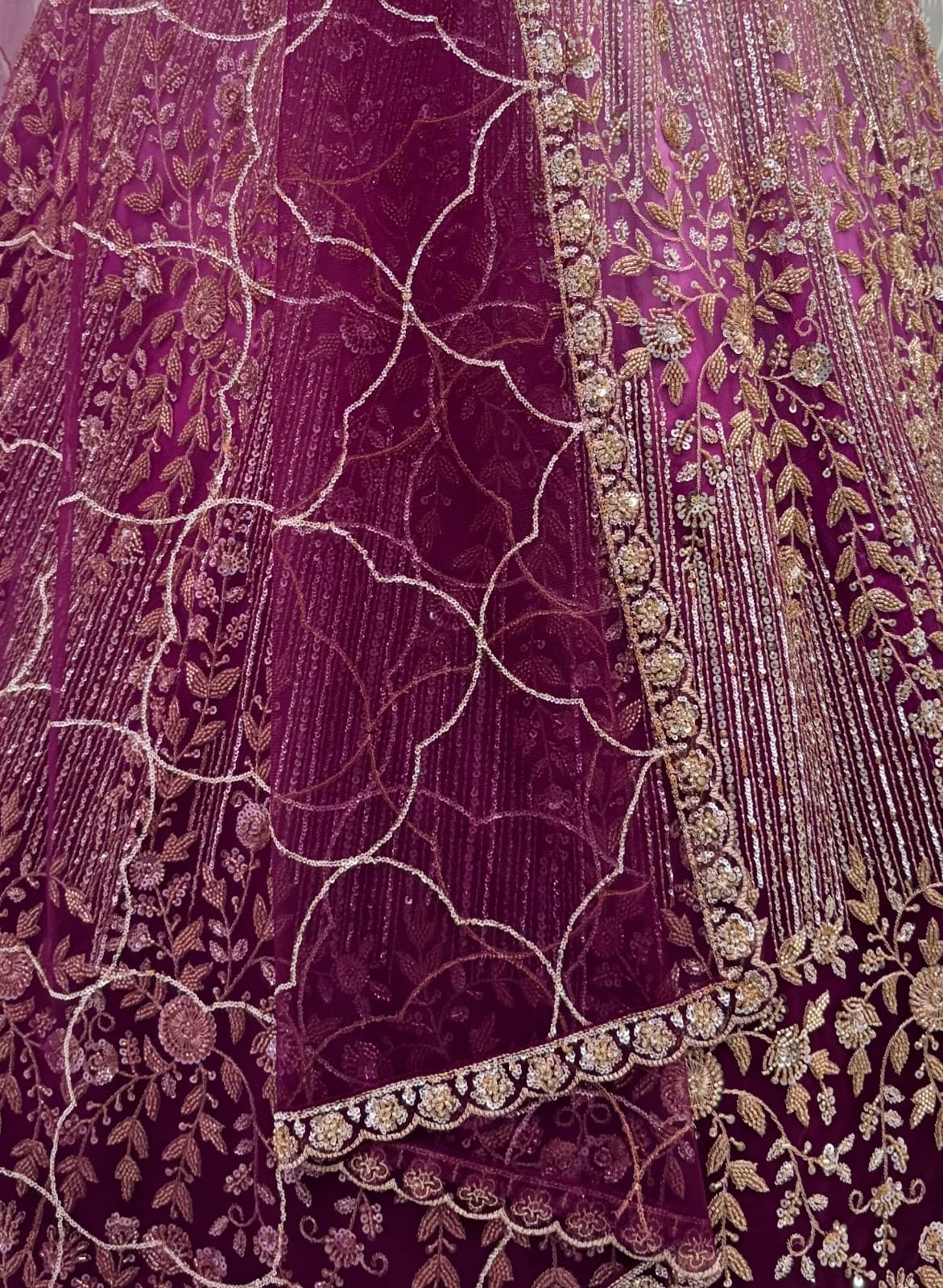 Pink Pure Heavy Net Motif Handwork Zari Sequins Work Bridal Lehenga Choli