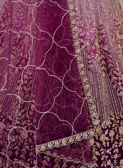 Pink Pure Heavy Net Motif Handwork Zari Sequins Work Bridal Lehenga Choli