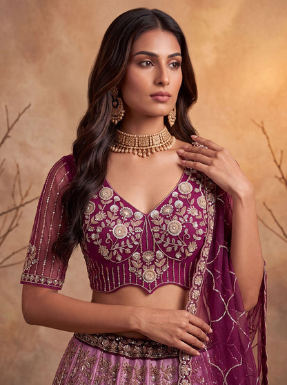 Pink Pure Heavy Net Motif Handwork Zari Sequins Work Bridal Lehenga Choli