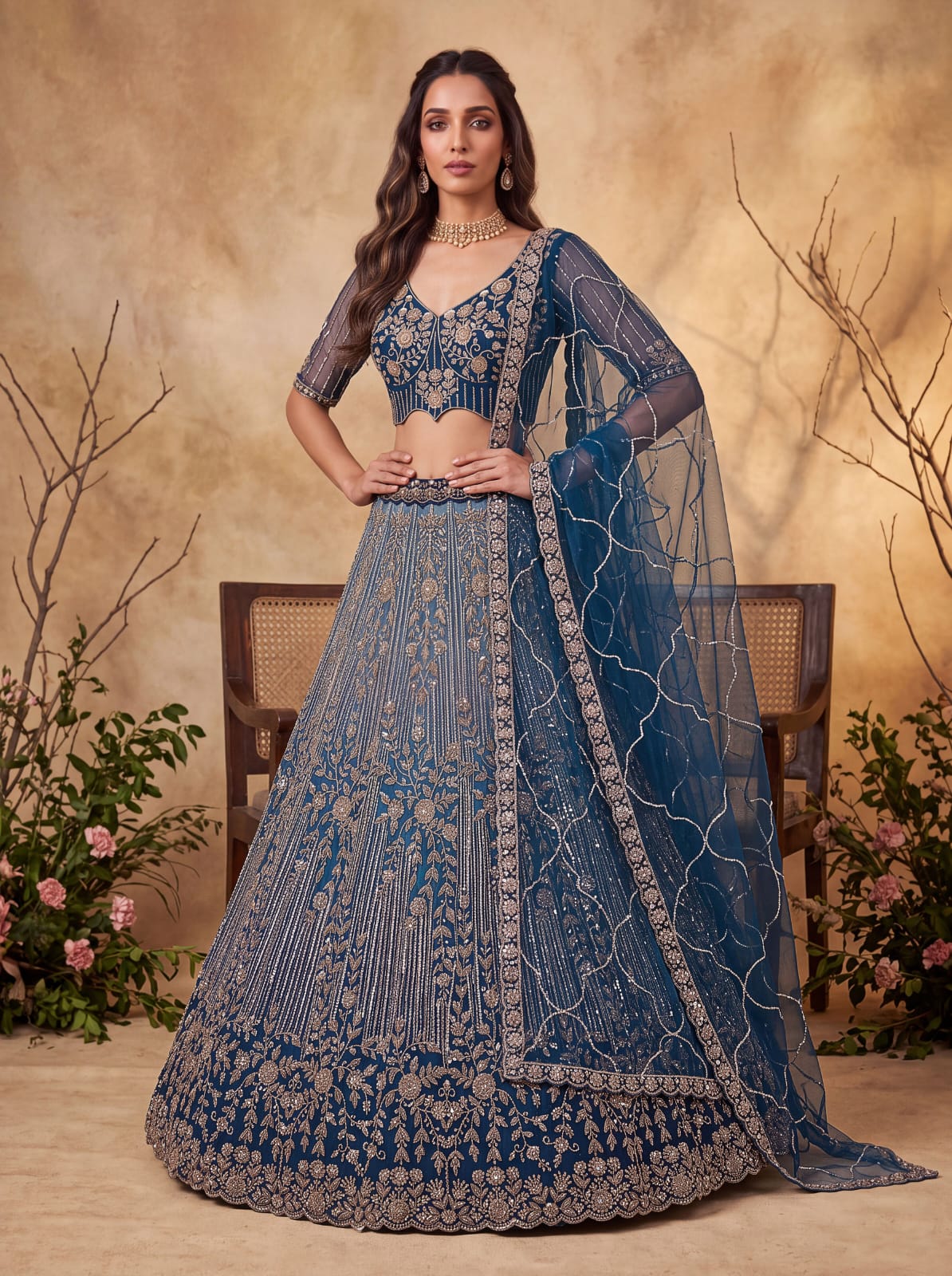 Blue Pure Heavy Net Motif Handwork Zari Sequins Work Bridal Lehenga Choli