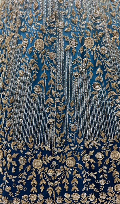 Blue Pure Heavy Net Motif Handwork Zari Sequins Work Bridal Lehenga Choli