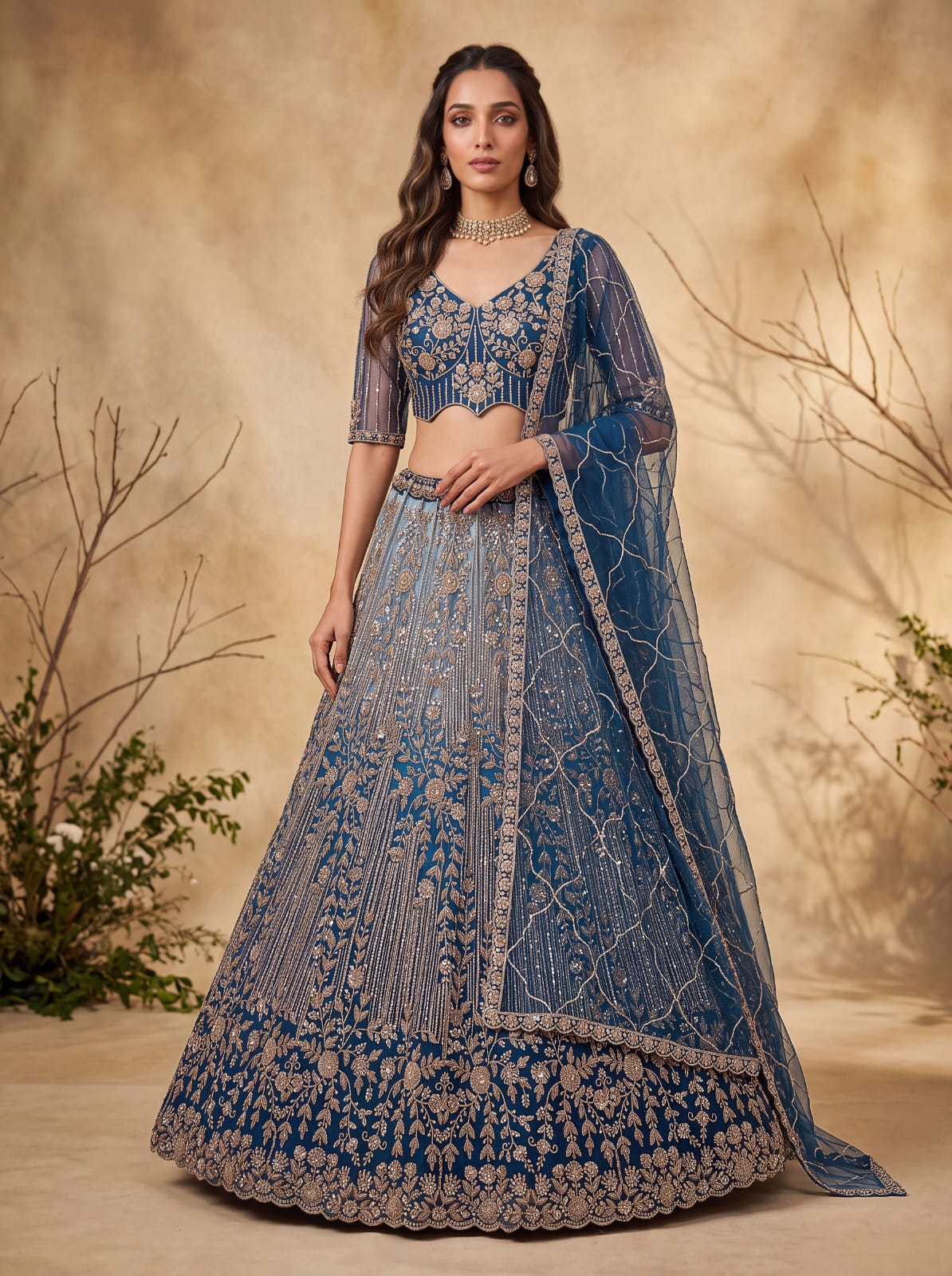 Blue Pure Heavy Net Motif Handwork Zari Sequins Work Bridal Lehenga Choli