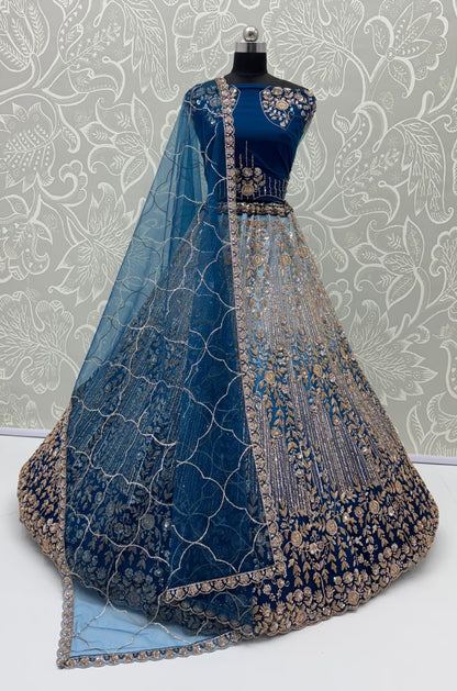 Blue Pure Heavy Net Motif Handwork Zari Sequins Work Bridal Lehenga Choli