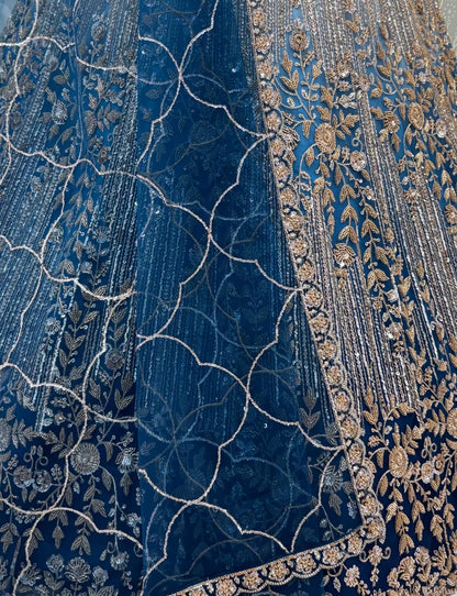 Blue Pure Heavy Net Motif Handwork Zari Sequins Work Bridal Lehenga Choli