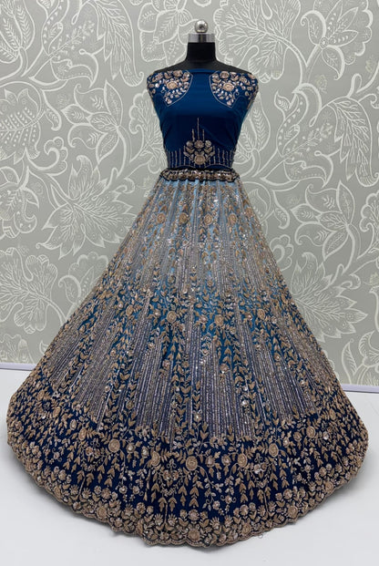 Blue Pure Heavy Net Motif Handwork Zari Sequins Work Bridal Lehenga Choli