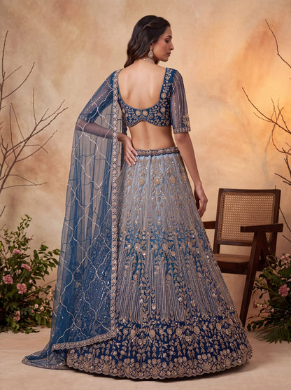 Blue Pure Heavy Net Motif Handwork Zari Sequins Work Bridal Lehenga Choli