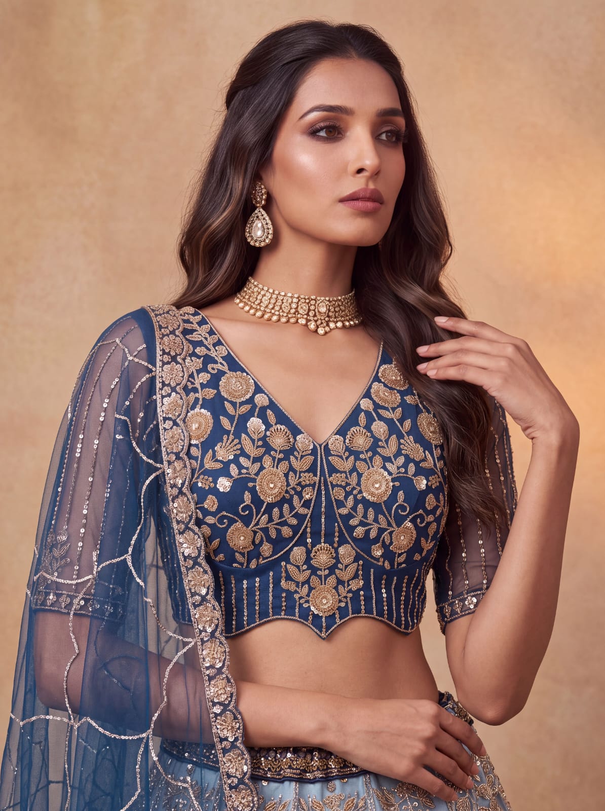 Blue Pure Heavy Net Motif Handwork Zari Sequins Work Bridal Lehenga Choli