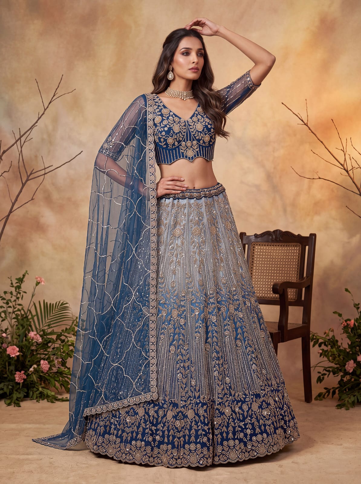 Blue Pure Heavy Net Motif Handwork Zari Sequins Work Bridal Lehenga Choli