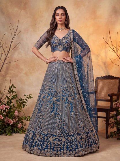Blue Pure Heavy Net Motif Handwork Zari Sequins Work Bridal Lehenga Choli