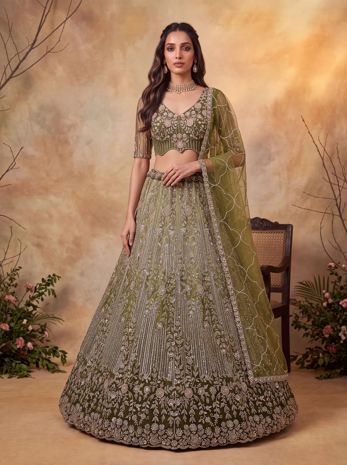 Green Pure Heavy Net Motif Handwork Zari Sequins Work Bridal Lehenga Choli