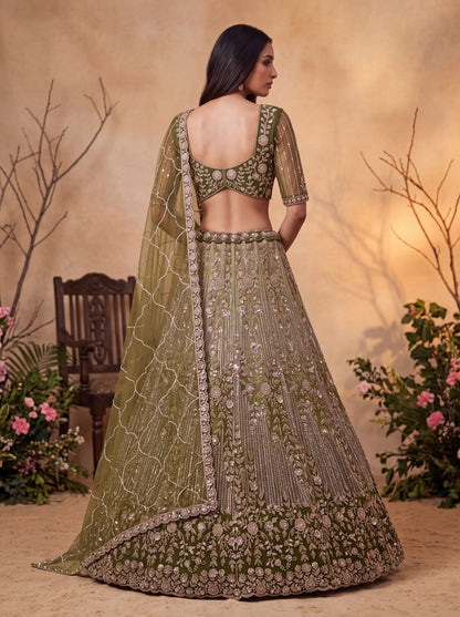 Green Pure Heavy Net Motif Handwork Zari Sequins Work Bridal Lehenga Choli