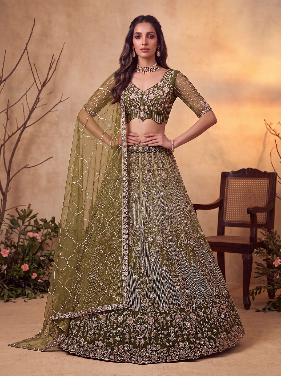Green Pure Heavy Net Motif Handwork Zari Sequins Work Bridal Lehenga Choli