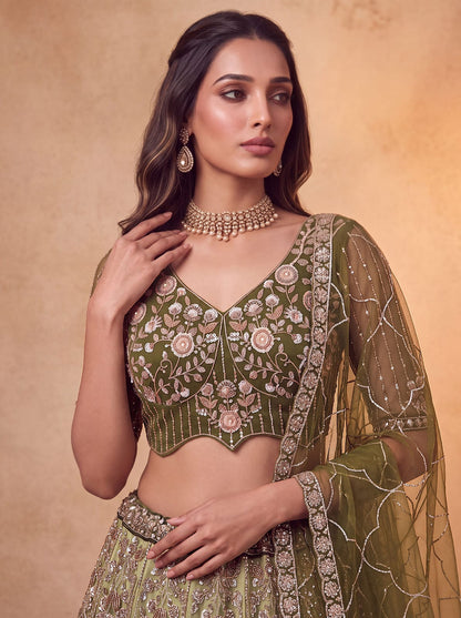 Green Pure Heavy Net Motif Handwork Zari Sequins Work Bridal Lehenga Choli