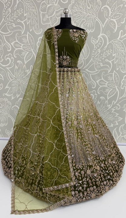 Green Pure Heavy Net Motif Handwork Zari Sequins Work Bridal Lehenga Choli