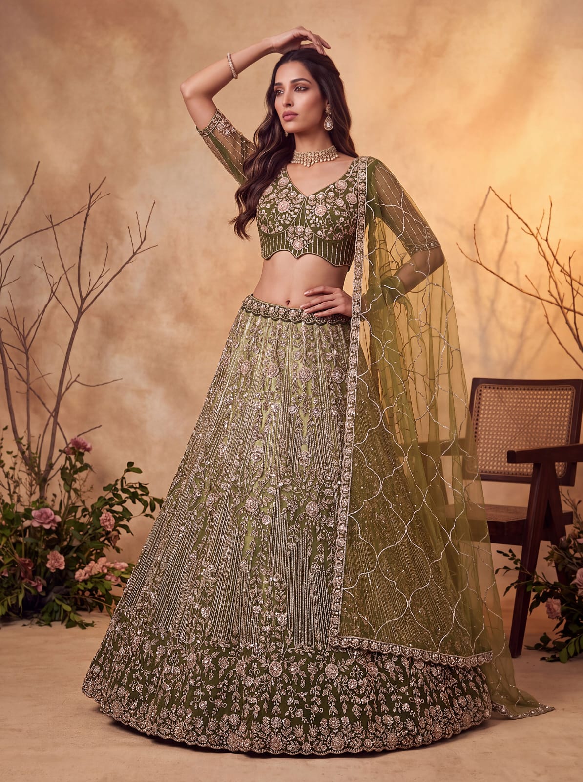 Green Pure Heavy Net Motif Handwork Zari Sequins Work Bridal Lehenga Choli