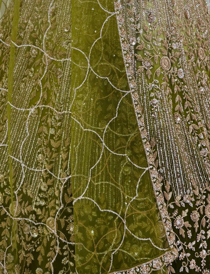 Green Pure Heavy Net Motif Handwork Zari Sequins Work Bridal Lehenga Choli