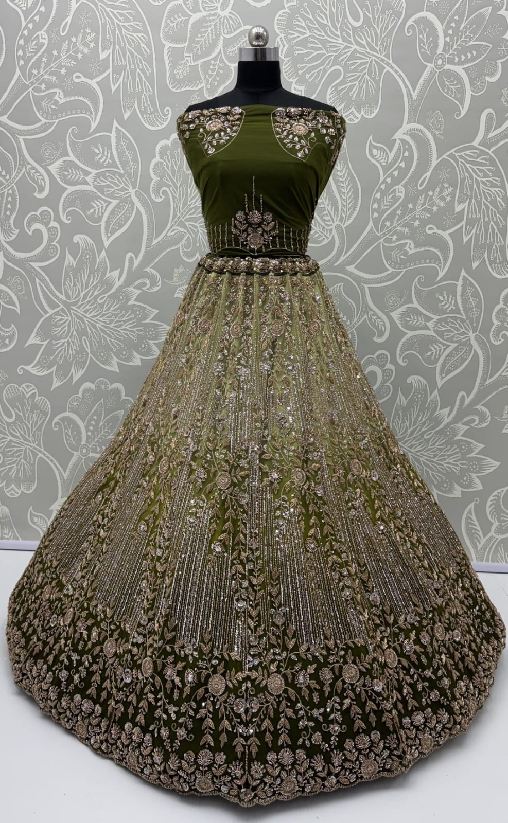 Green Pure Heavy Net Motif Handwork Zari Sequins Work Bridal Lehenga Choli