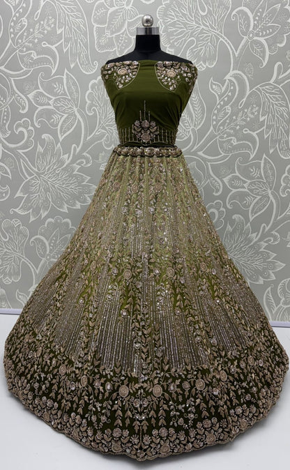 Green Pure Heavy Net Motif Handwork Zari Sequins Work Bridal Lehenga Choli