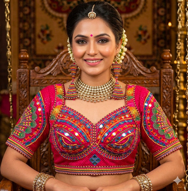 Rani Pure Heavy Italian Soft Silk Beads Thread Real Mirror Work Navratri Blouse