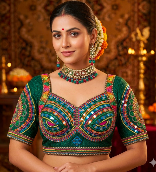 Green Pure Heavy Italian Soft Silk Beads Thread Real Mirror Work Navratri Blouse