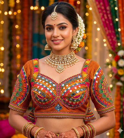 Rust Pure Heavy Italian Soft Silk Beads Thread Real Mirror Work Navratri Blouse