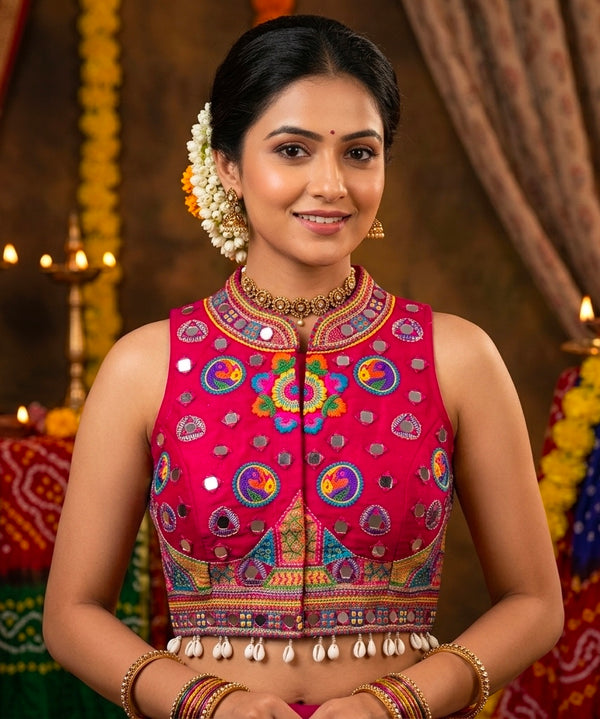 Rani Pure Heavy Italian Silk Halter Neck Back Peacock Work Navratri Blouse