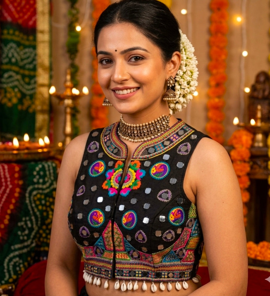 Black Pure Heavy Italian Silk Halter Neck Back Peacock Work Navratri Blouse