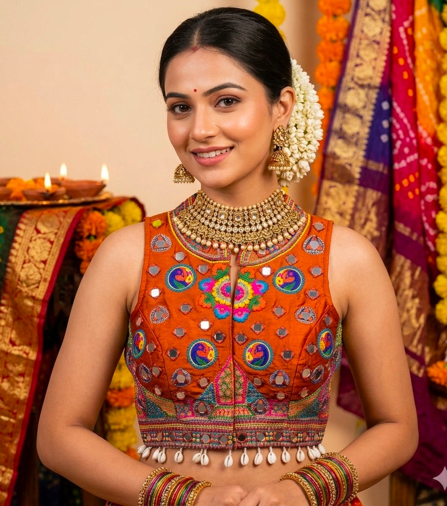 Rust Pure Heavy Italian Silk Halter Neck Back Peacock Work Navratri Blouse
