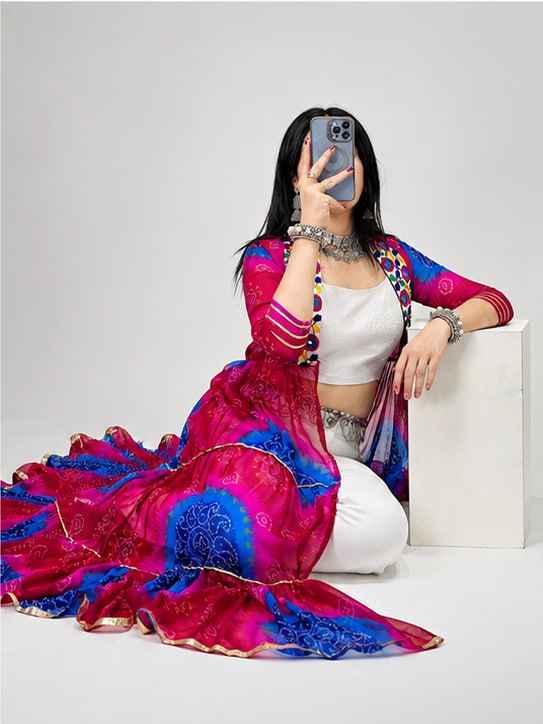 Multicolor Pure Faux Georgette Printed With Gotta Patti Mirror Work Navratri Kurti Top