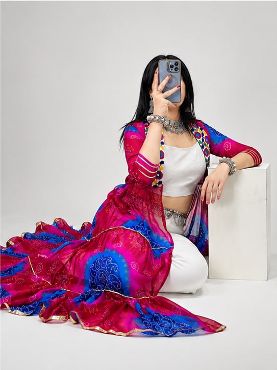 Multicolor Pure Faux Georgette Printed With Gotta Patti Mirror Work Navratri Kurti Top